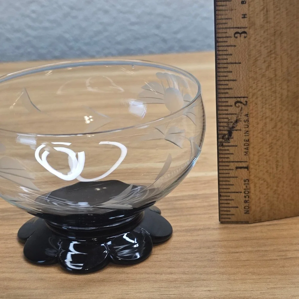 Rare 6 Weston Black Lily Pad Foot Base Champagne Sherbet Glasses Etched Floral